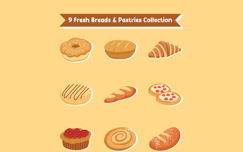 9 Fresh Breads & Pastries Collection Illustration