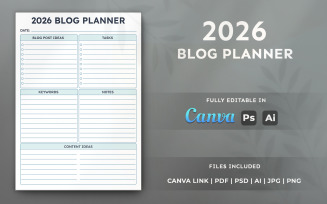 2026 Blog Planner Template – Printable Content Organizer, Minimal Editable Canva Template