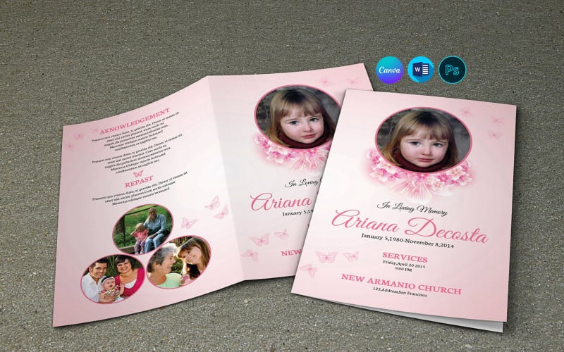 Pink Floral Child Funeral Program Template Corporate Identity