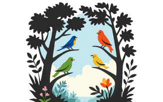 Colorful Birds in Lush Green Forest Landscape