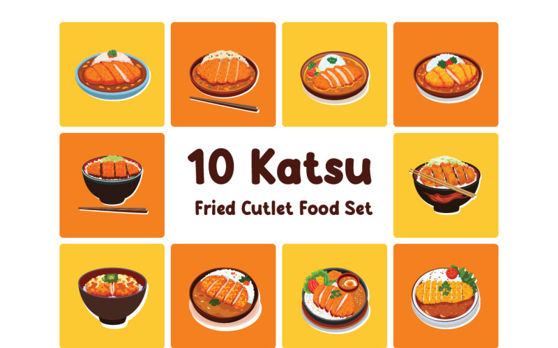 10 Katsu Fried Cutlet Food Set Illustration