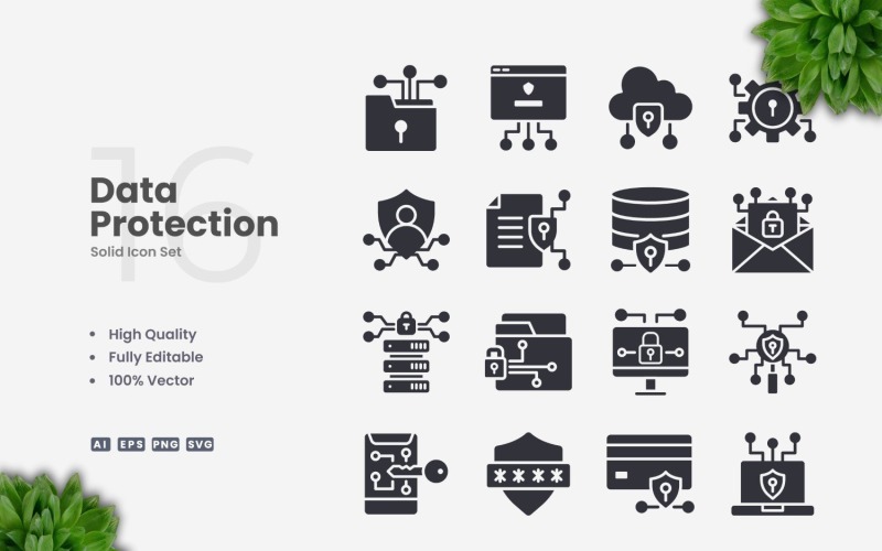 16 Data Protection Solid Icons Set Icon Set