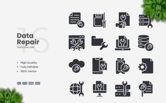 16 Data Repair Solid Icons Set