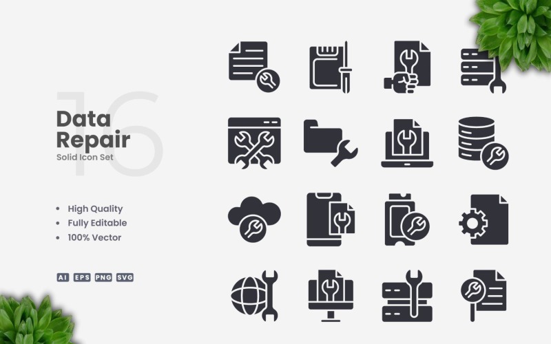 16 Data Repair Solid Icons Set Icon Set