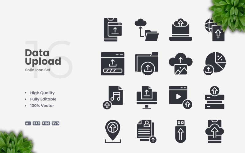 16 Data Upload Solid Icons Set Icon Set