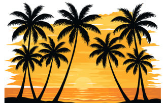 Tropical Sea Landscape with Palm Trees and Ocean Waves
