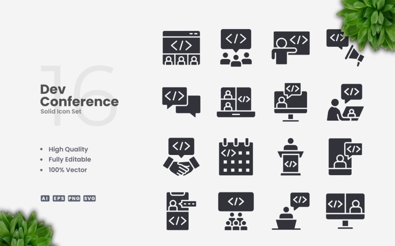 16 Dev Conference Solid Icons Set Icon Set