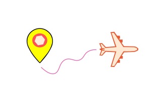 Airplane flying from a location pin isolated on white background