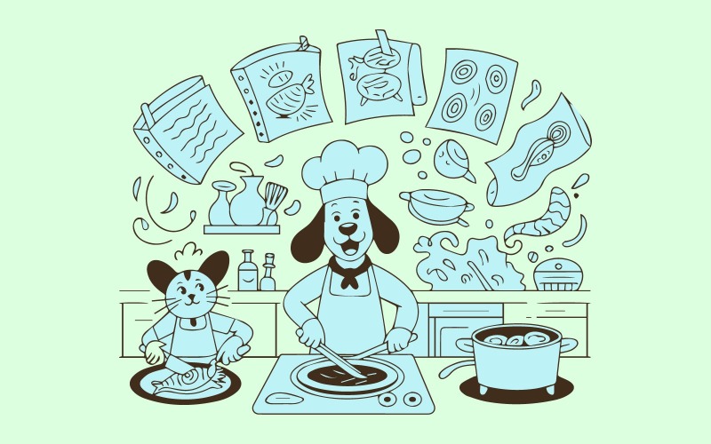 Cartoon chef dog and cat cooking together hand-drawn illustration Illustration