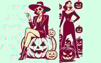Glamorous Female Halloween Characters with Pumpkins and Spooky Elements Vector Design