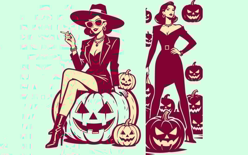 Glamorous Female Halloween Characters with Pumpkins and Spooky Elements Vector Design Illustration