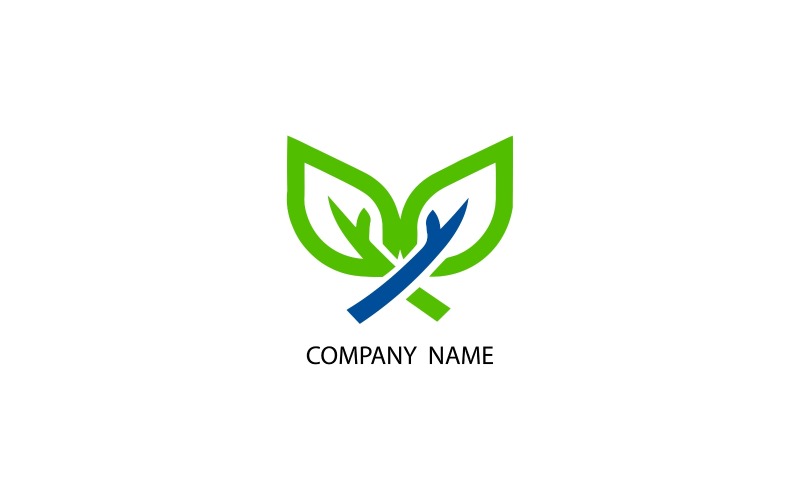 Green leaves and blue branches forming a company logo isolated on white background Logo Template