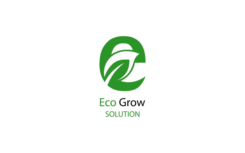 Green letter e with leaf inside and text eco grow solution, isolated on white background Logo Template