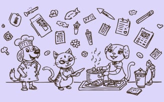 Playful kitchen scene with anthropomorphic dog and cat chefs actively cooking