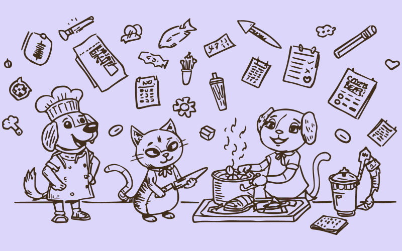 Playful kitchen scene with anthropomorphic dog and cat chefs actively cooking Illustration