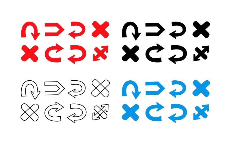 Set of arrows and crosses in red, black, blue and outline, isolated on white background Icon Set