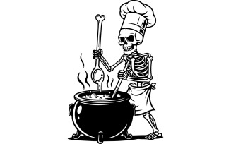 Skeleton Chef Cooking – Black and White Halloween Vector Design