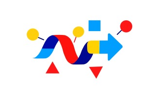 Abstract colorful ribbon with geometric shapes and arrows, isolated on white background