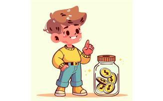 Cartoon Boy Pointing to Jar of Coins
