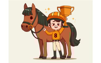 Cartoon Girl Holding a Trophy and Her Horse
