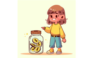 Cartoon Girl Pointing to Jar of Coins