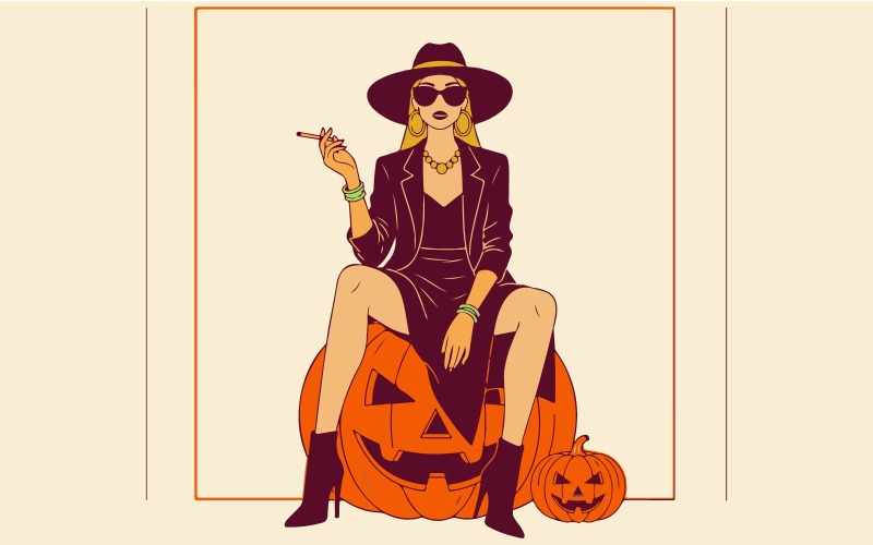 Dark Feminine Halloween Characters with Pumpkins and Gothic Aesthetic Vector Illustration