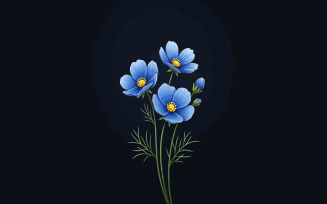 Three delicate blue cosmos flowers with yellow centers on a dark background