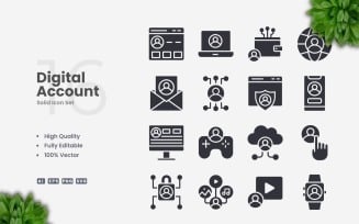 16 Digital Account Solid Icons Set