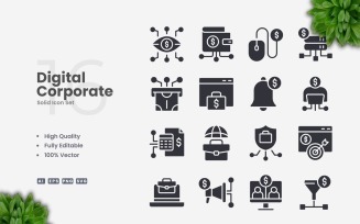 16 Digital Corporate Solid Icons Set