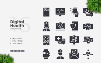 16 Digital Health Solid Icons Set
