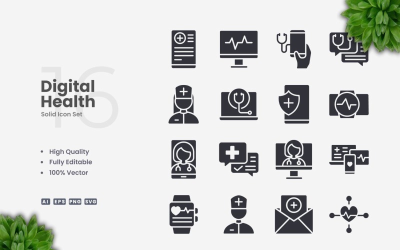 16 Digital Health Solid Icons Set Icon Set