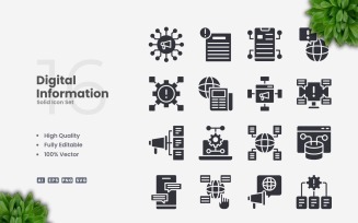 16 Digital Information Solid Icons Set
