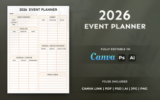 2026 Event Planner Template – Business Organizer, Minimal Printable Planner Page Design