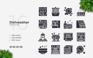 16 Dishwasher Solid Icons Set