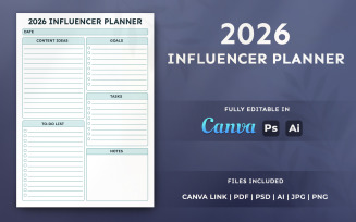 2026 Influencer Planner Template – Printable Organizer, Modern Planner Page Layout Design