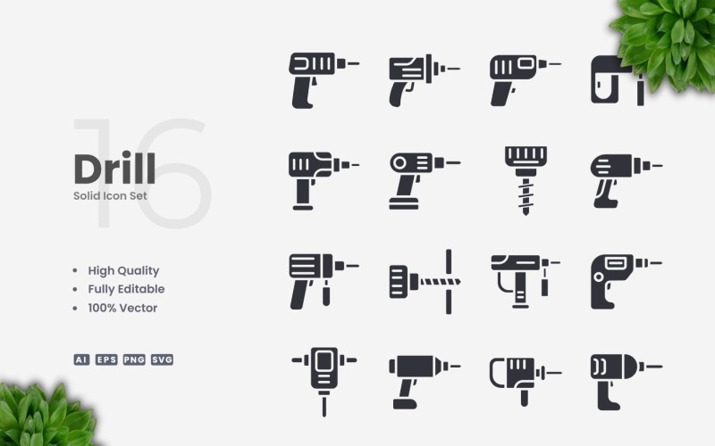 16 Drill Solid Icons Collection Icon Set