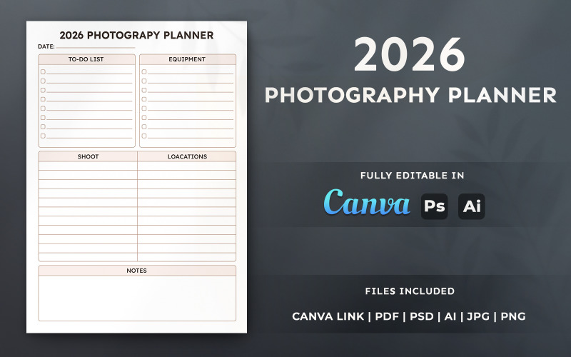 2026 Photography Planner - Minimal A4 Page Layout - Editable Design Template