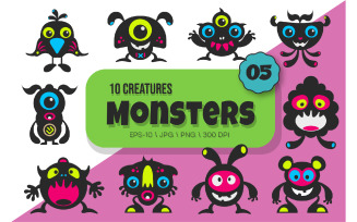 Whimsical Monsters Pack 05. Tshirt, PNG.