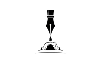 Black and white icon of a fountain pen nib dripping ink onto a small rock formation