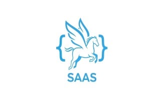 Blue line art logo of a winged horse with braces and saas text isolated on white background