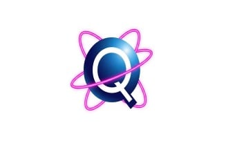 Blue sphere with letter q and pink orbiting atom structure logo isolated on white background