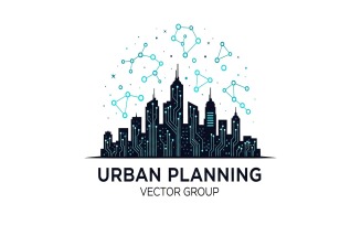 City skyline with digital network overlay for urban planning concept vector logo