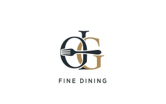 Elegant monogram logo design featuring intertwined letters o and g with a fork for fine dining