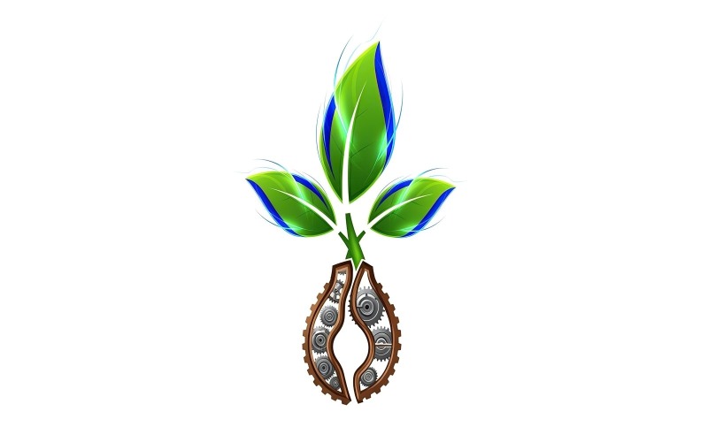 Green sprout growing from mechanical gear roots symbolizing eco technology and sustainability Logo Template