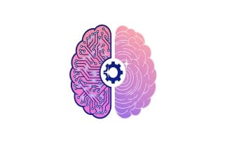 Illustration of human brain split into technology and organic halves with gear logo