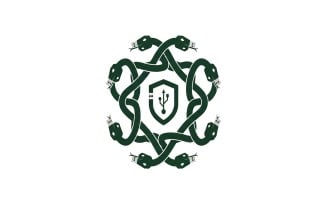 Intertwined snake knot forming a shield with usb symbol isolated on white background