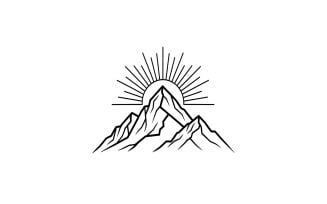 Minimalist line art logo of mountain range with rising sun rays isolated on white background