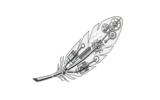 Steampunk feather made of intricate mechanical gear and clockwork mechanism isolated