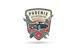 Vintage auto restoration logo with classic car wrench and spark plug isolated on white background