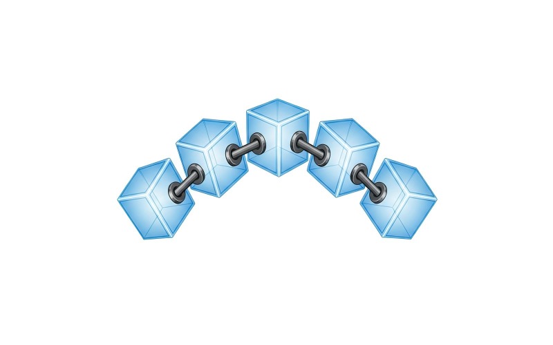 A digital chain connecting five transparent blue cubes in an arc formation Logo Template